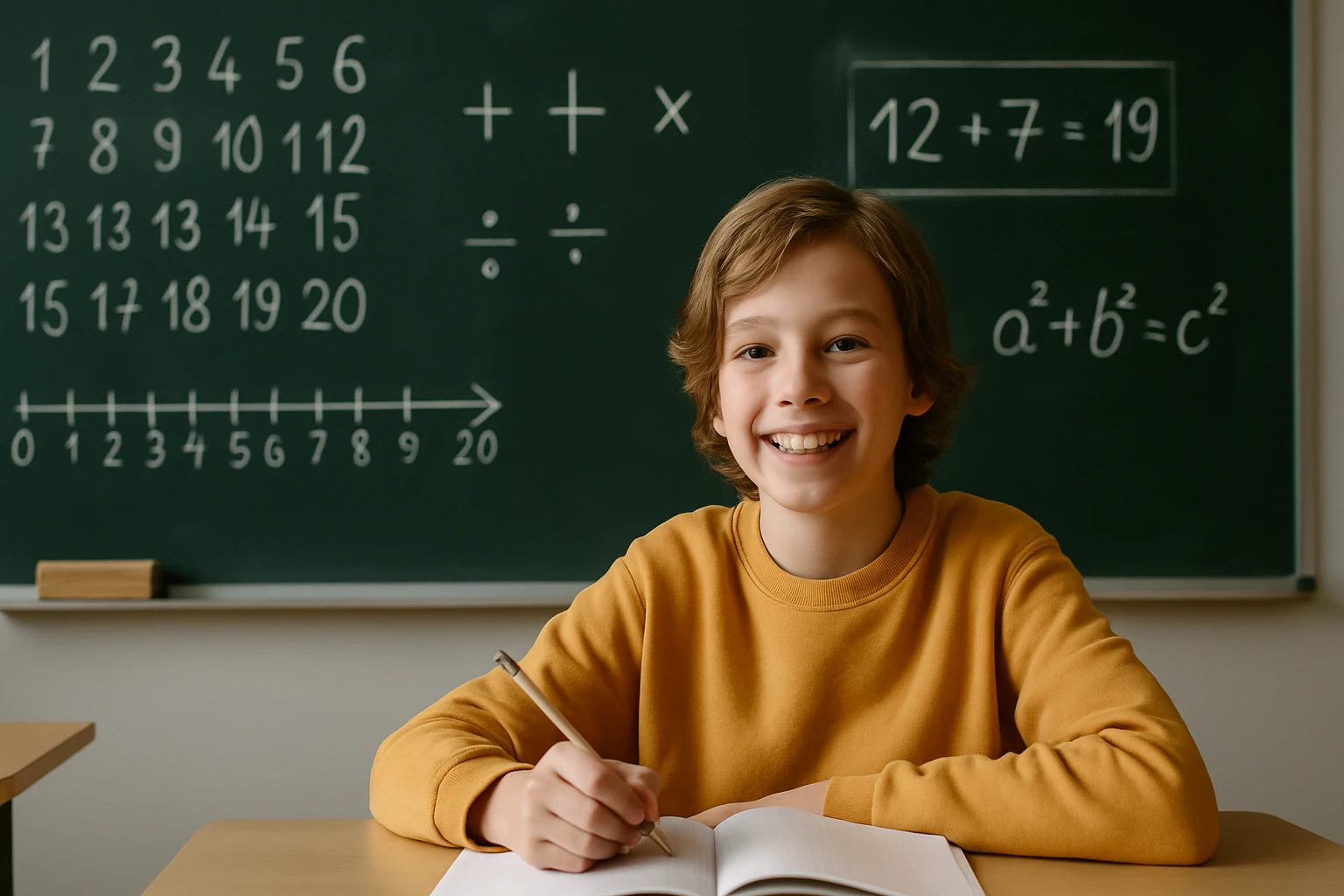 Egy mosolygó fiú ül az íróasztalnál, matekfeladatokat ír a füzetébe.
