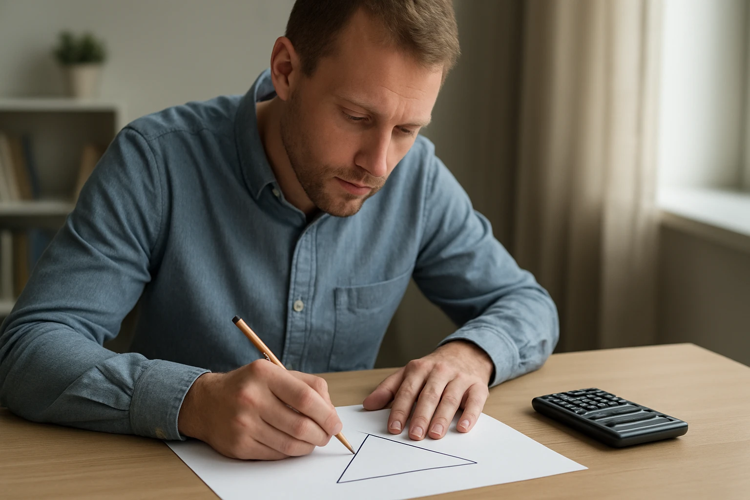 Egy férfi ceruzával egy háromszöget rajzol egy papírra, mellette számológép.