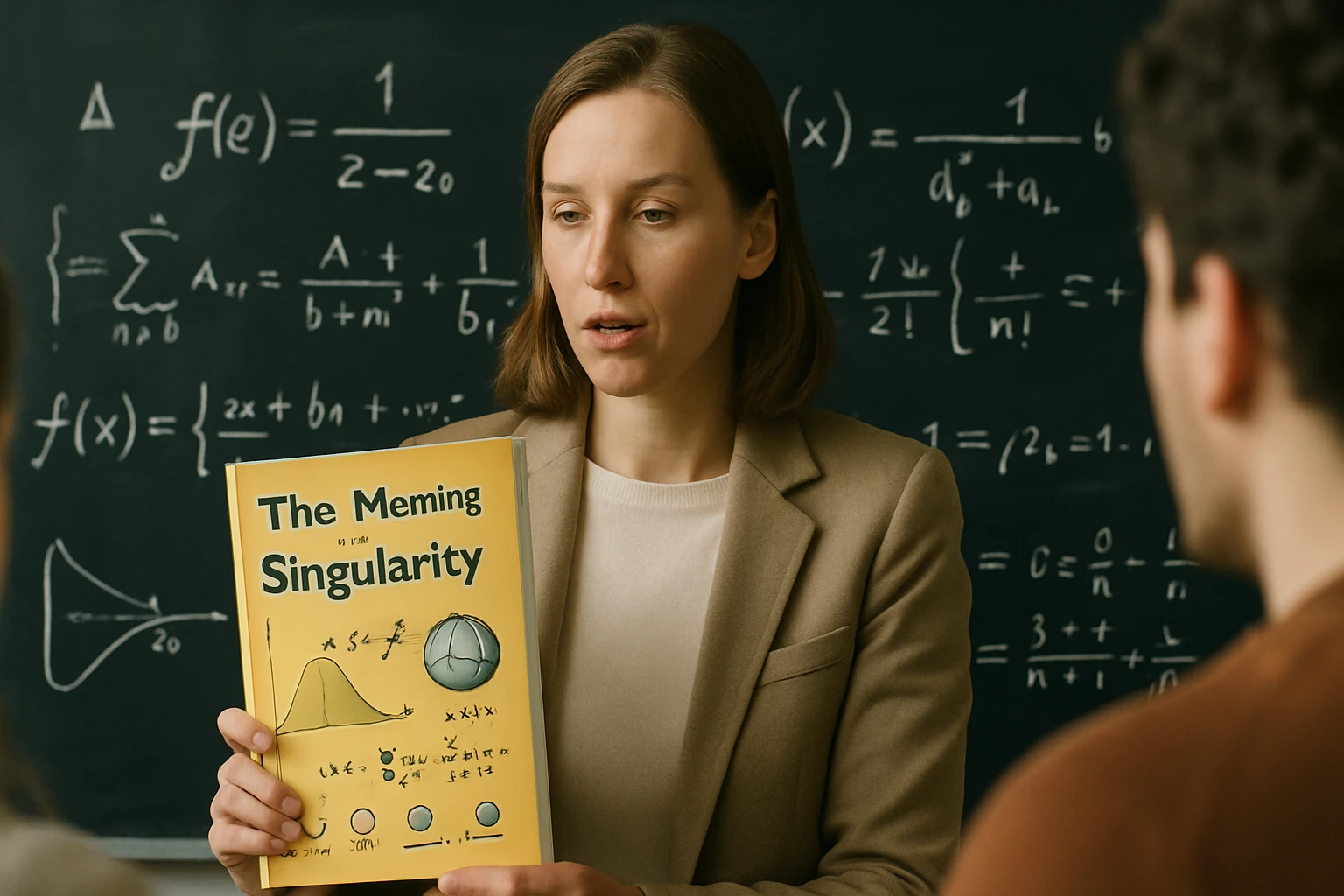 Egy tanárnő matematikai könyvet mutat a diákoknak, háttérben képletek.