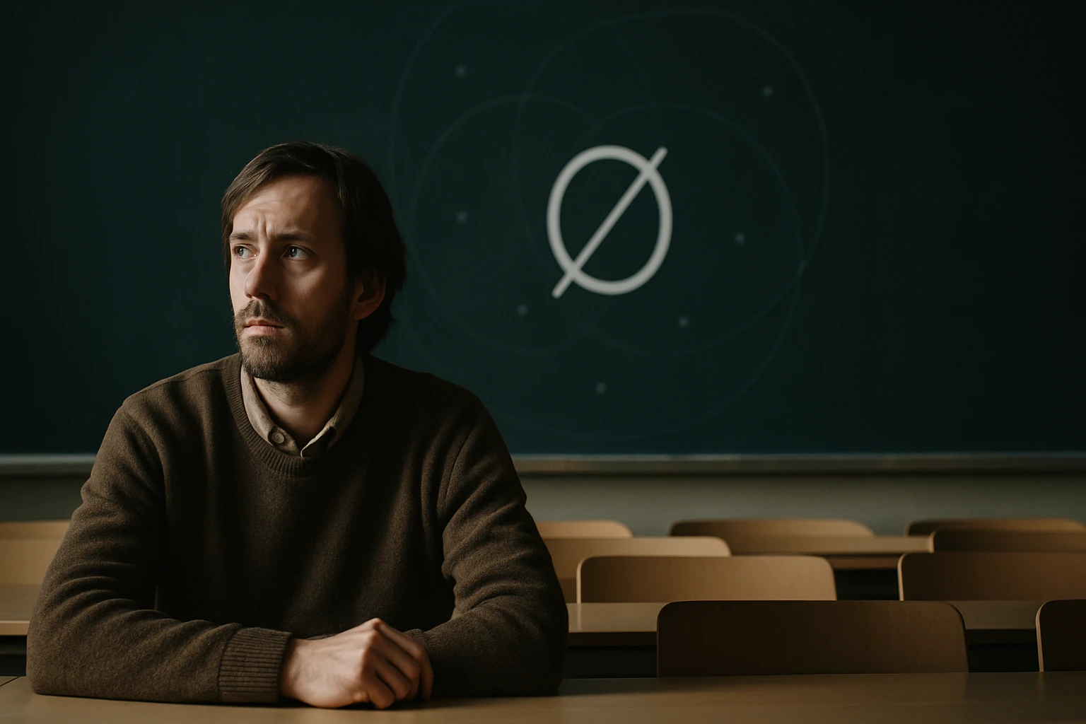 Egy férfi ül egy üres osztályteremben, háttérben matematikai jelképekkel.