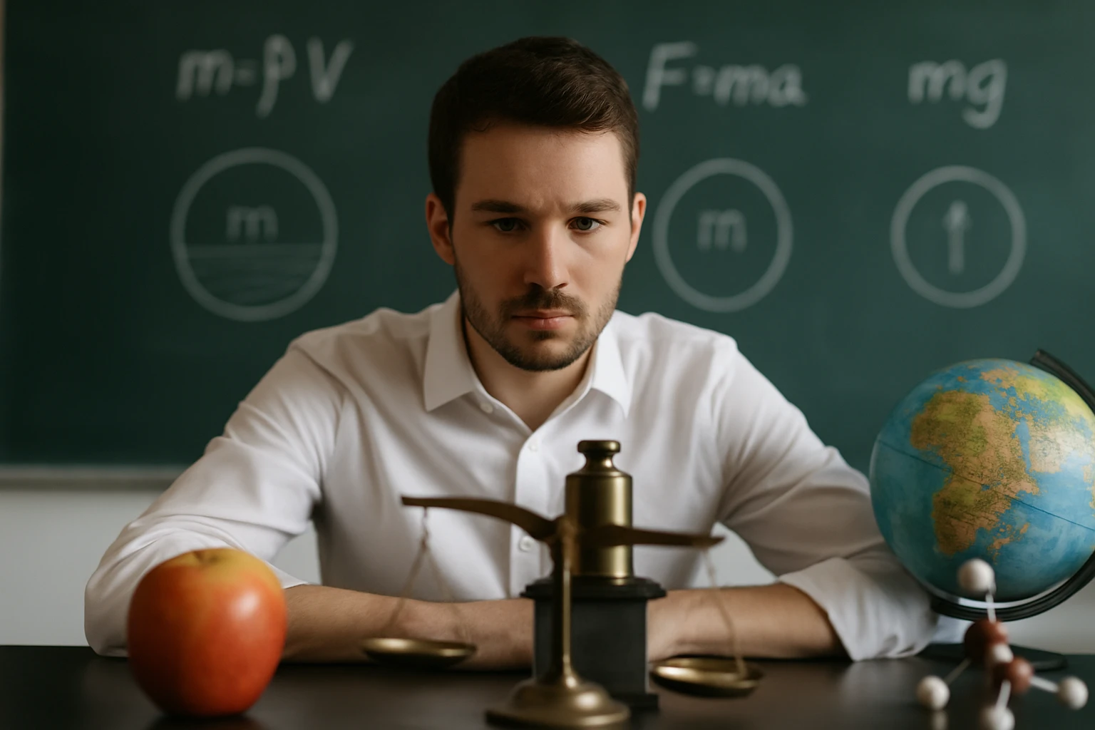 Egy fiatal férfi gondolkodik a matek és fizika tantárgyak felett, az asztalon alma és mérleg található.