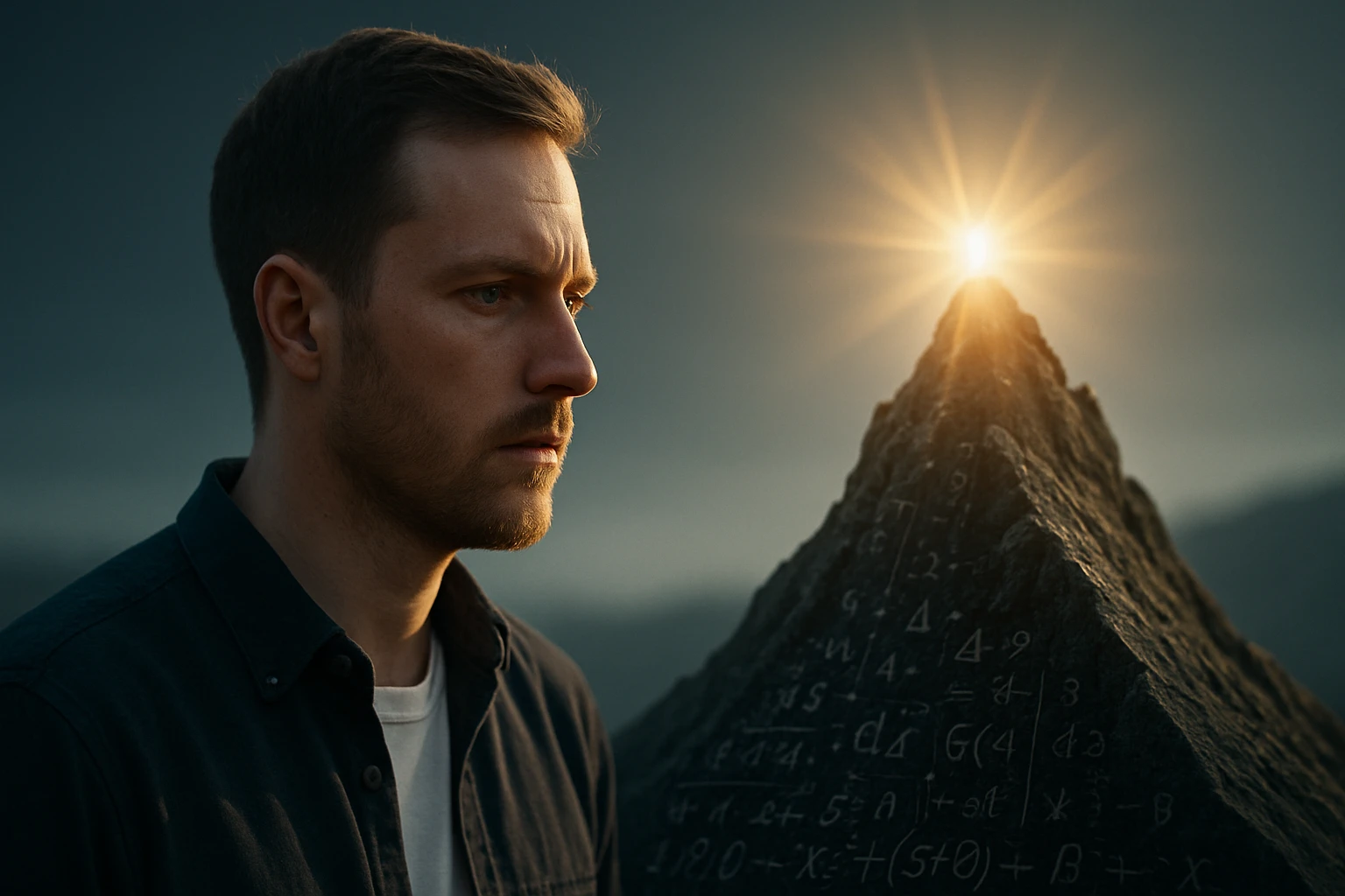 Egy férfi néz egy hegycsúcsra, amelyen matematikai képletek láthatók.