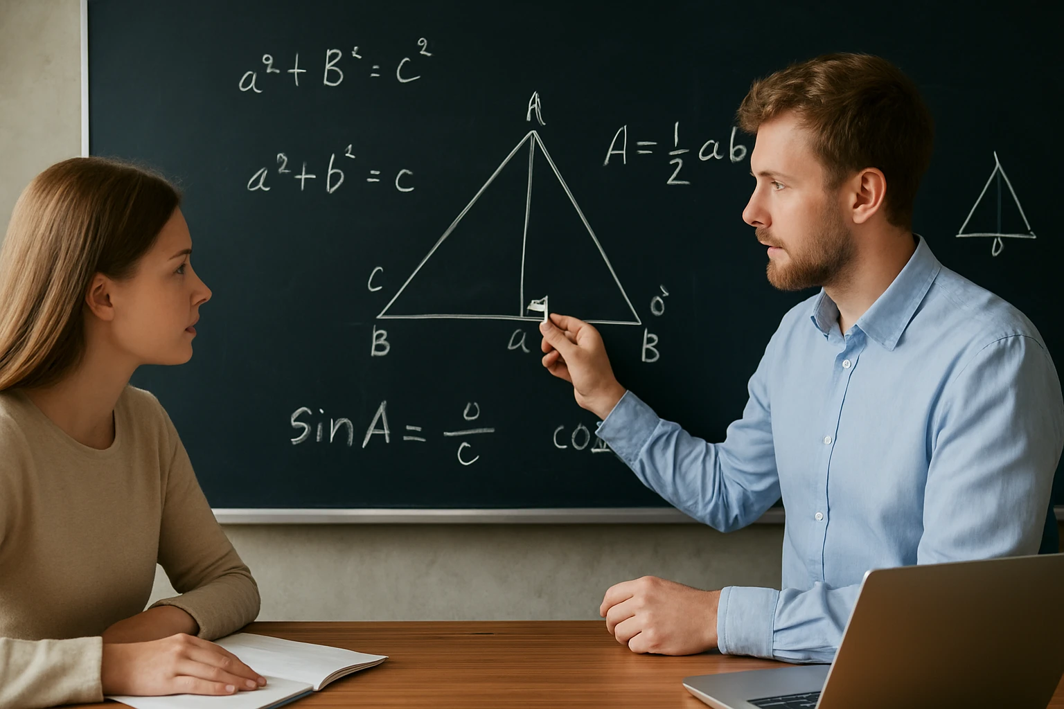 Egy férfi matematikai képleteket magyaráz egy nőnek egy táblán.