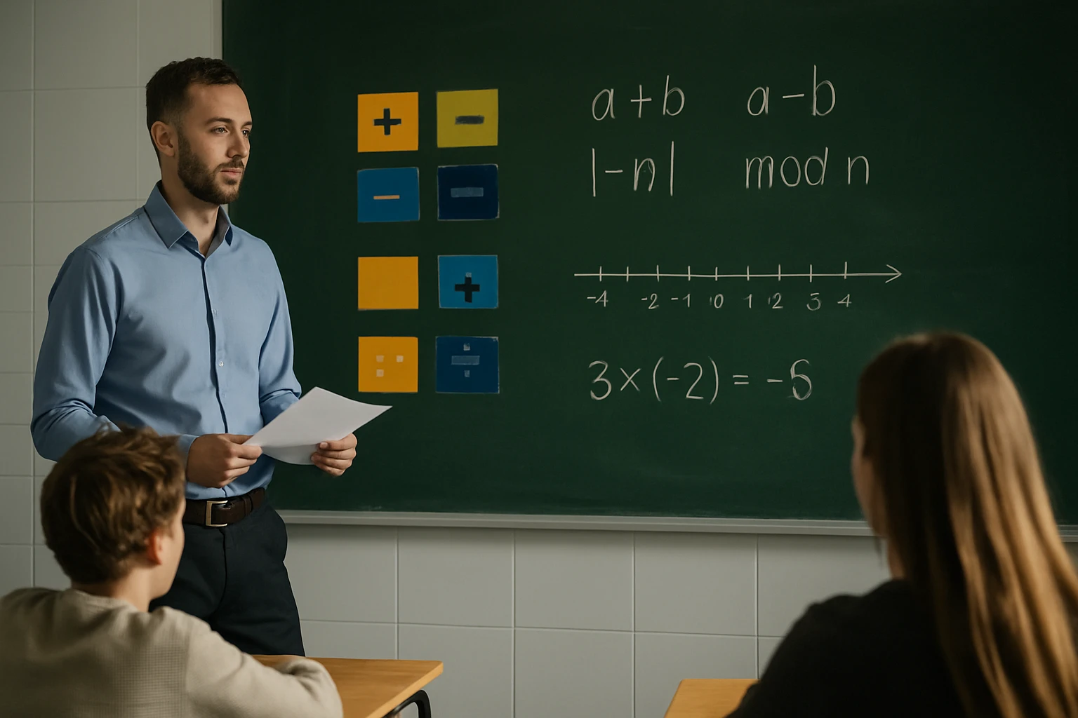 Egy tanár matematikai feladatokat magyaráz a táblánál, diákok figyelnek.