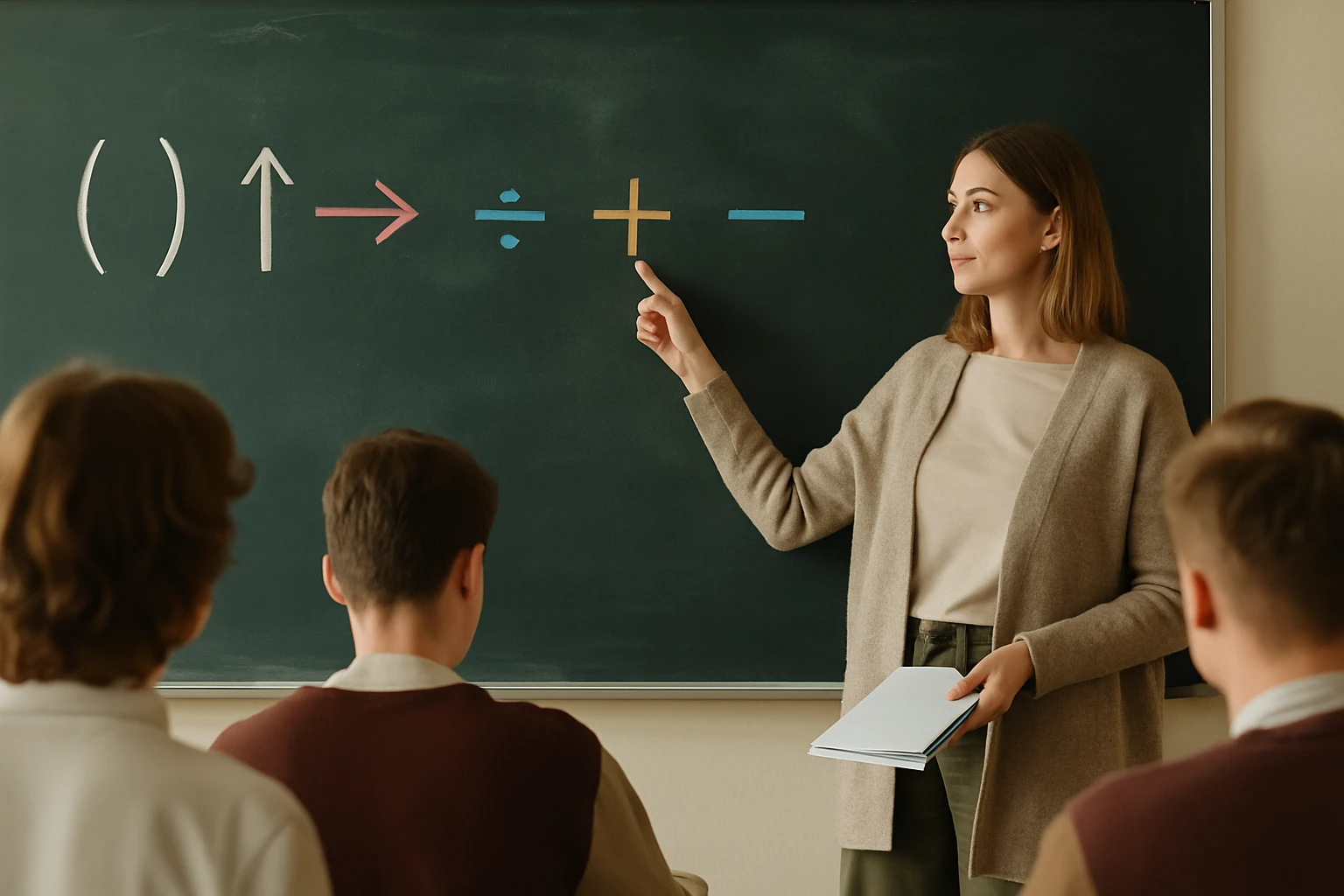 Egy tanárnő matematikai műveleteket magyaráz a táblán, diákok figyelnek.