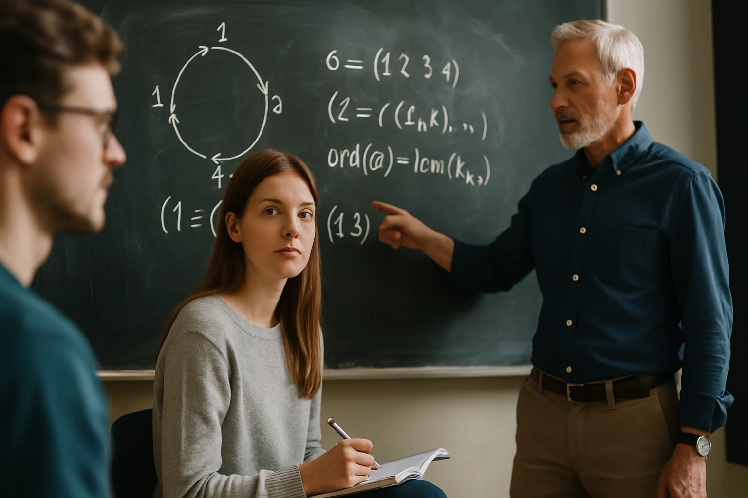 Egy diák figyelmesen jegyzetel egy matematikai órán, miközben a tanár magyaráz.