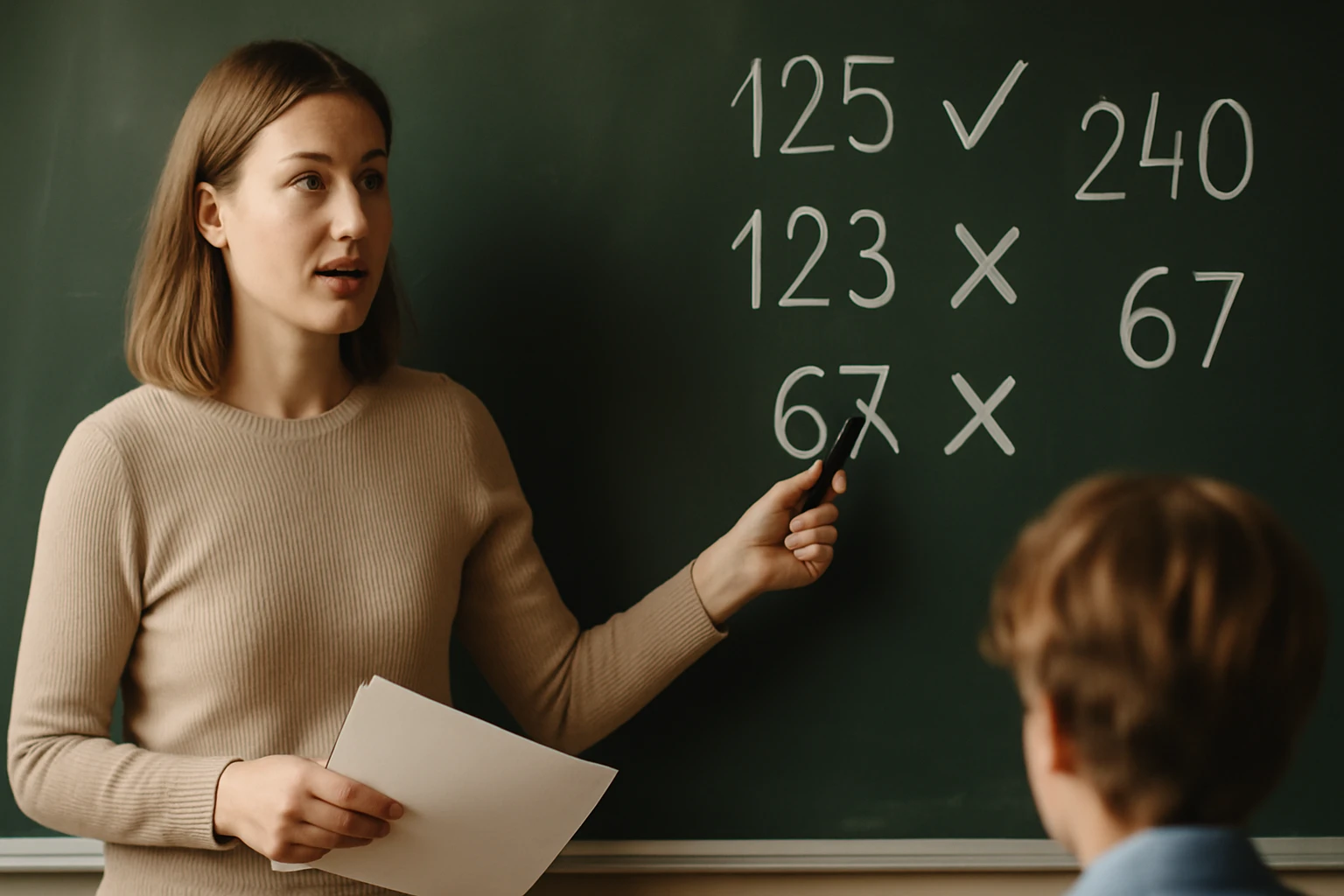 Egy tanárnő a táblánál matematikai feladatokat magyaráz.