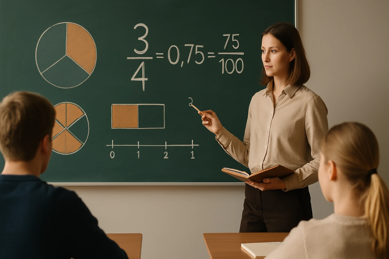 Egy tanárnő matematikai fogalmakat magyaráz a táblán, diákok figyelnek.