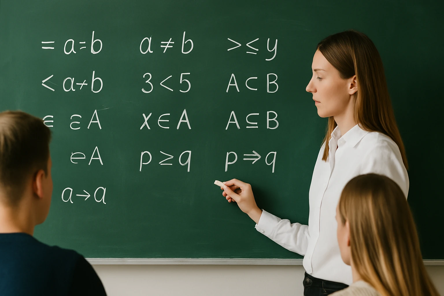 Egy tanárnő matematikai egyenleteket magyaráz a táblánál, diákok figyelnek.