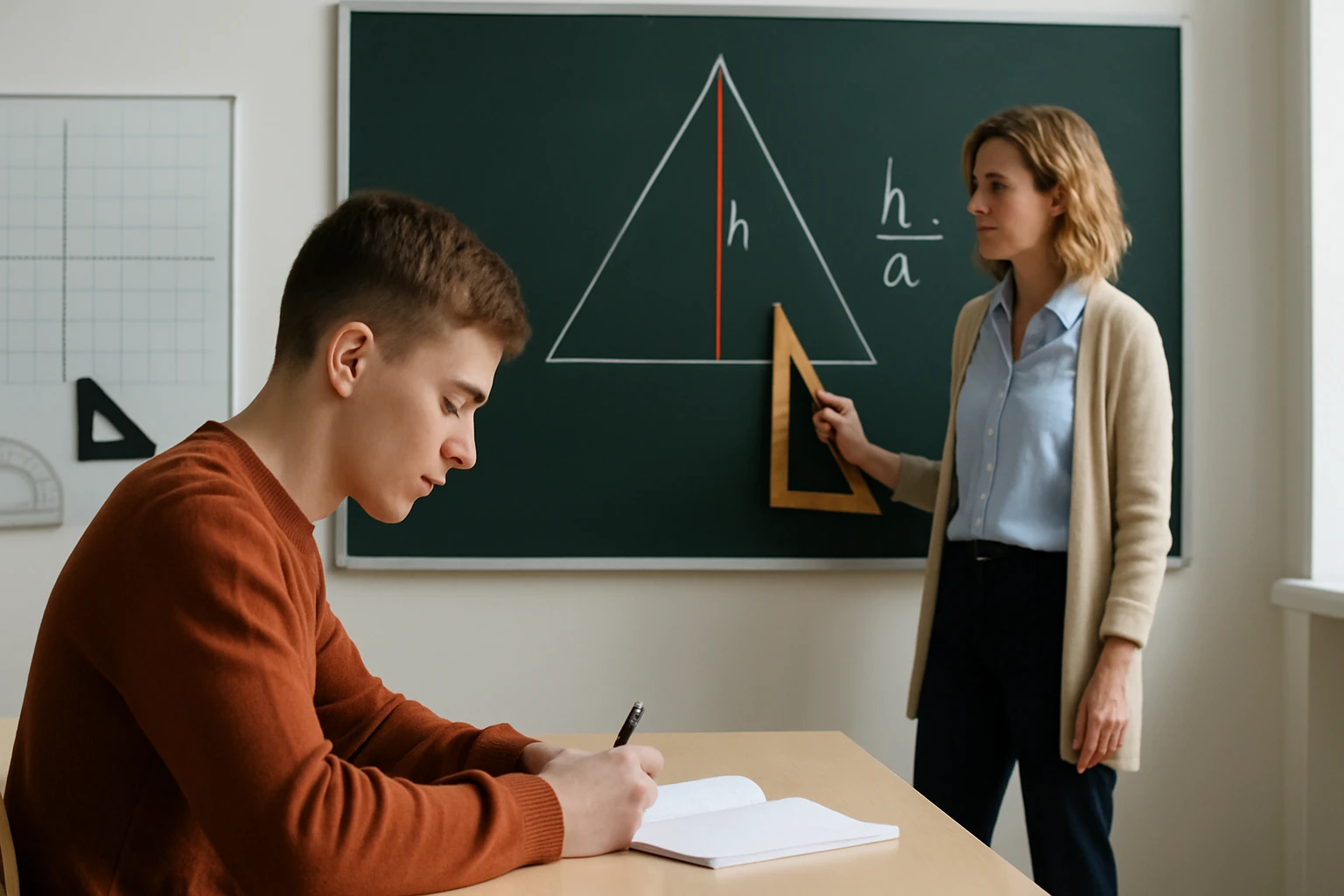 Egy diák jegyzetel a tanteremben, míg a tanár egy háromszöget mutat.