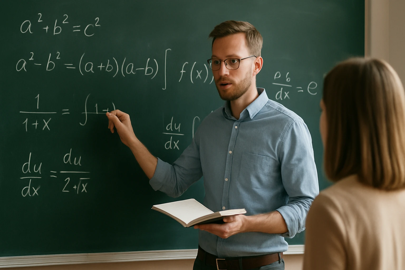 Egy tanár matematikai egyenleteket magyaráz egy diáknak a táblán.