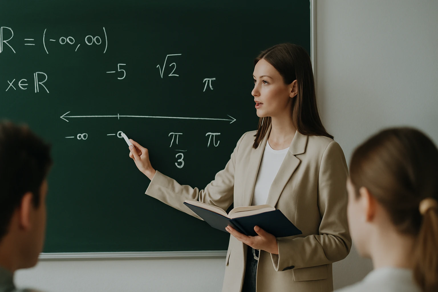 Egy tanárnő a táblánál matematikai egyenleteket magyaráz.