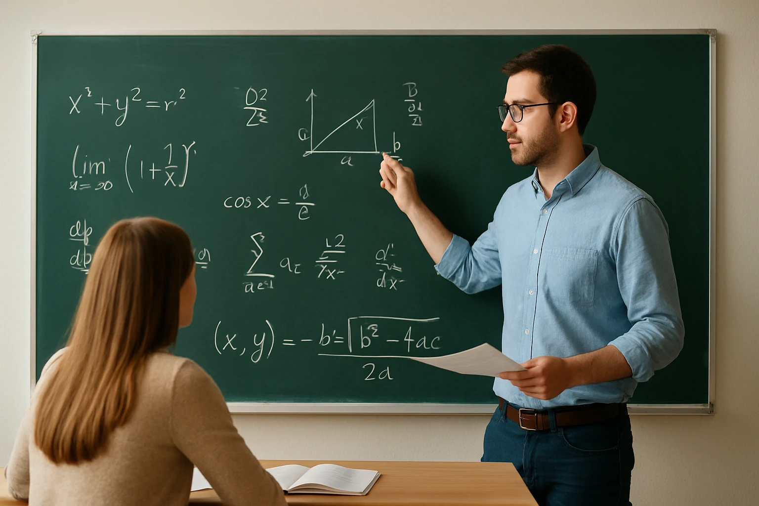 Egy tanár matematikai képleteket magyaráz a táblán, diák figyel.