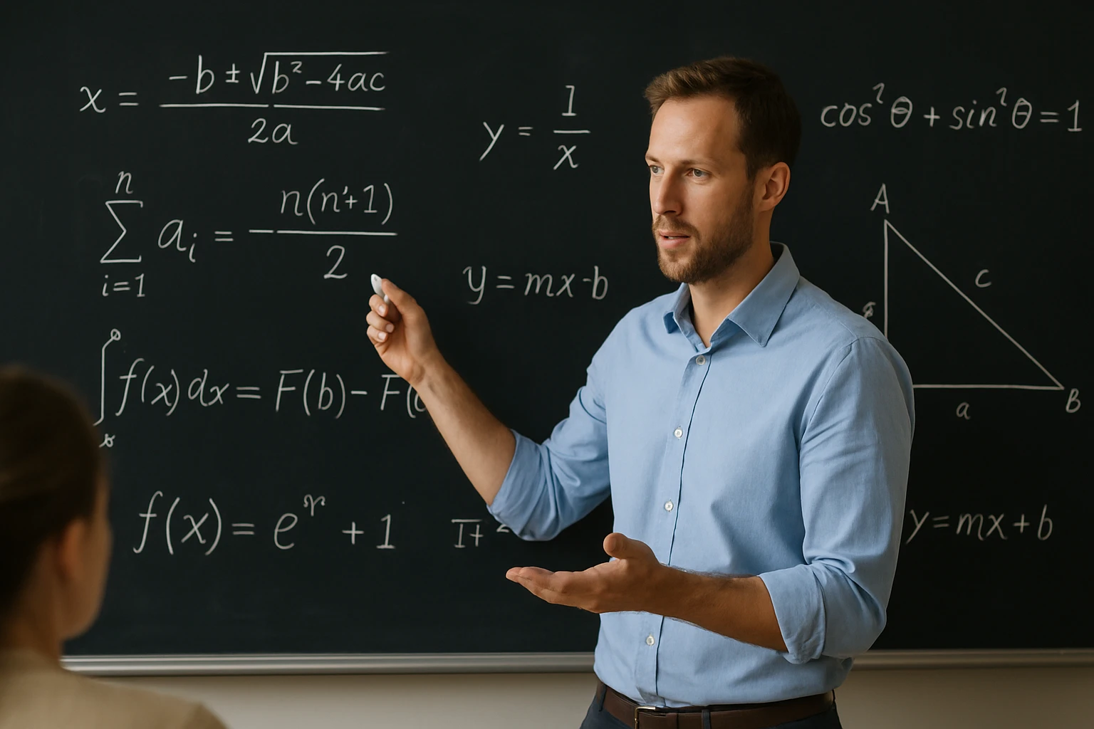 Egy tanár matematikai képleteket magyaráz egy táblánál.