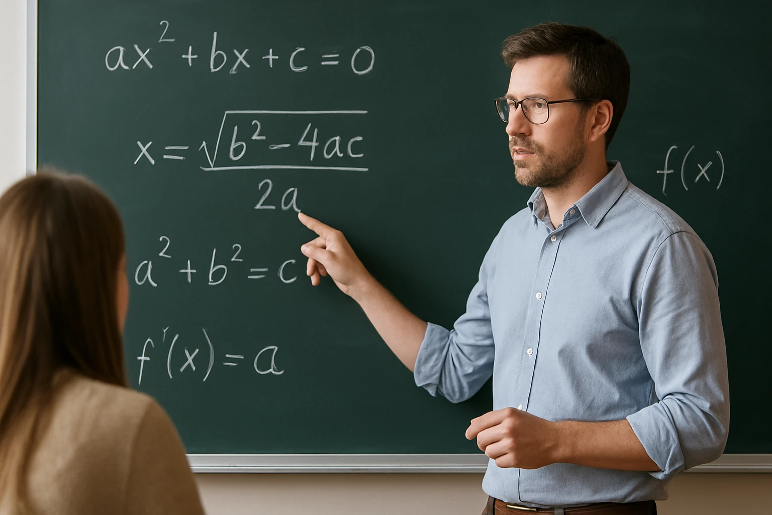 Egy tanár matematikai egyenleteket magyaráz a táblán, diák figyel.