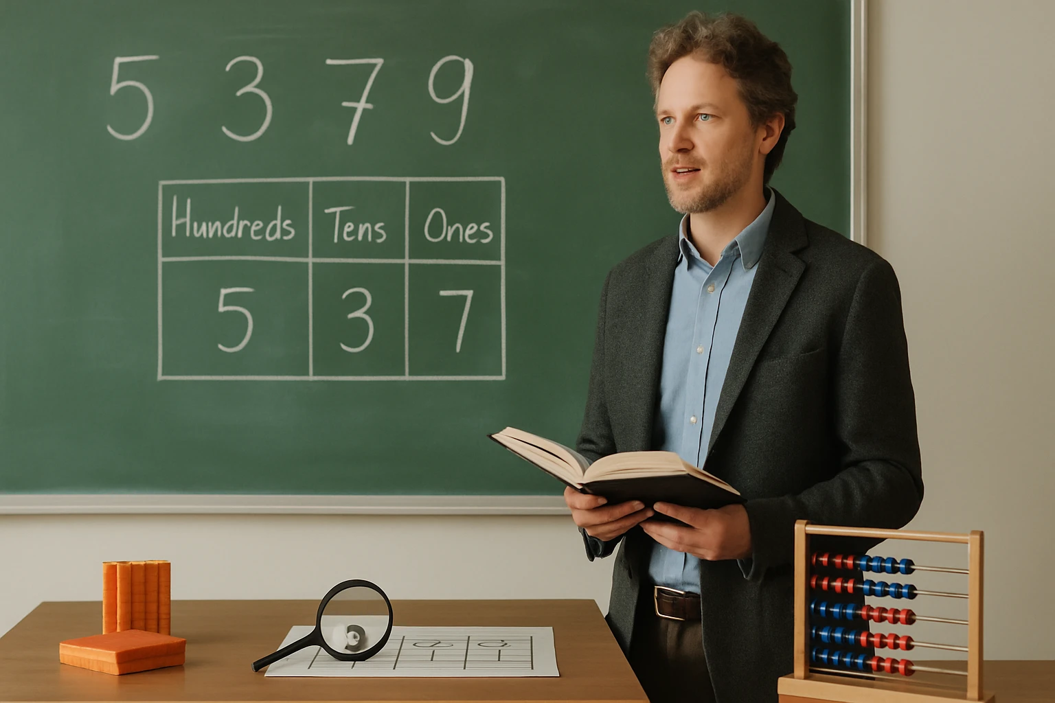 Egy tanár a táblánál áll, matematikai számokat és táblázatot mutat.