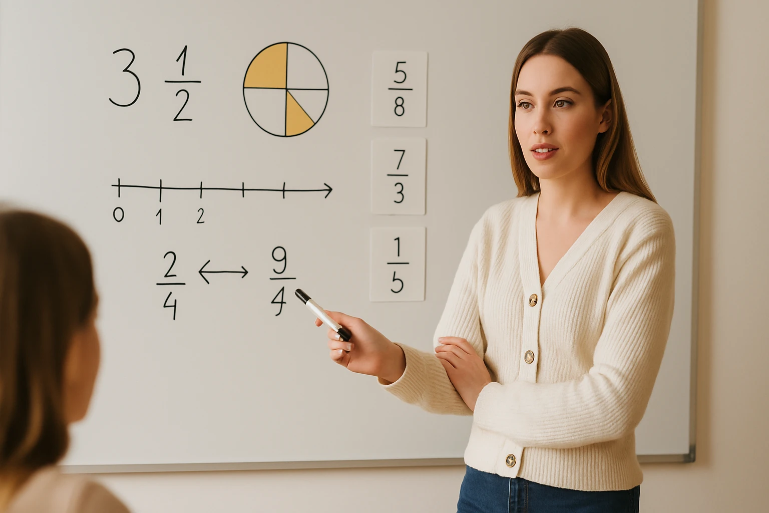 Egy tanárnő matematikai fogalmakat magyaráz a táblán, diákoknak.