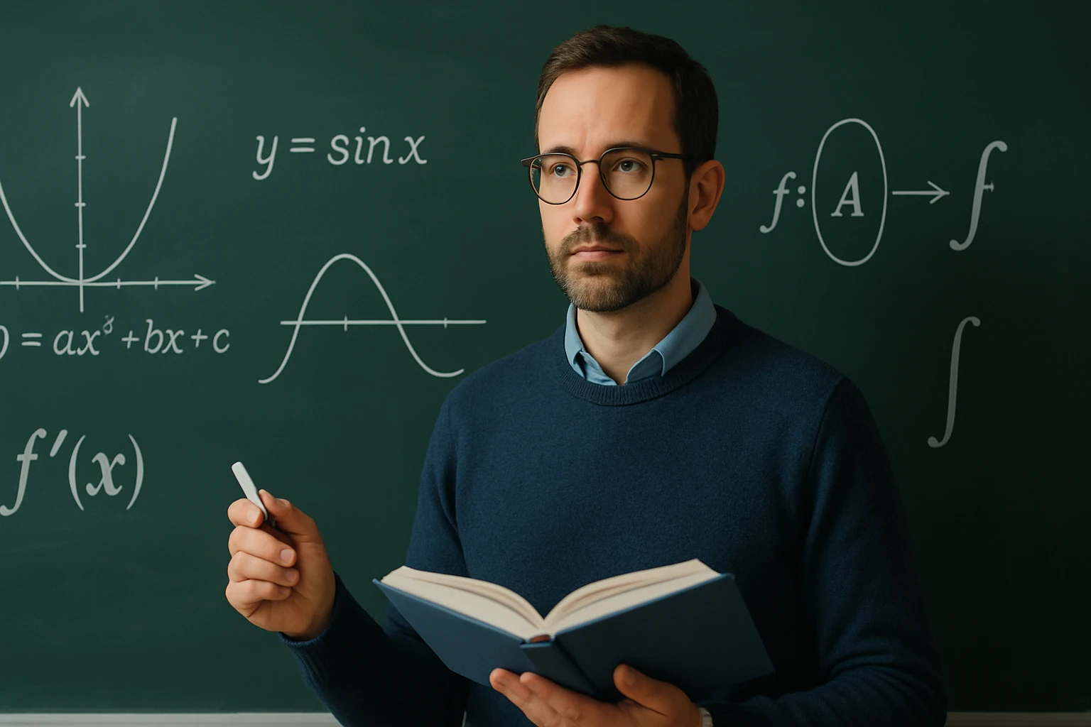 Egy férfi matematikai könyvet tart a kezében, háttérben matematikai egyenletek.