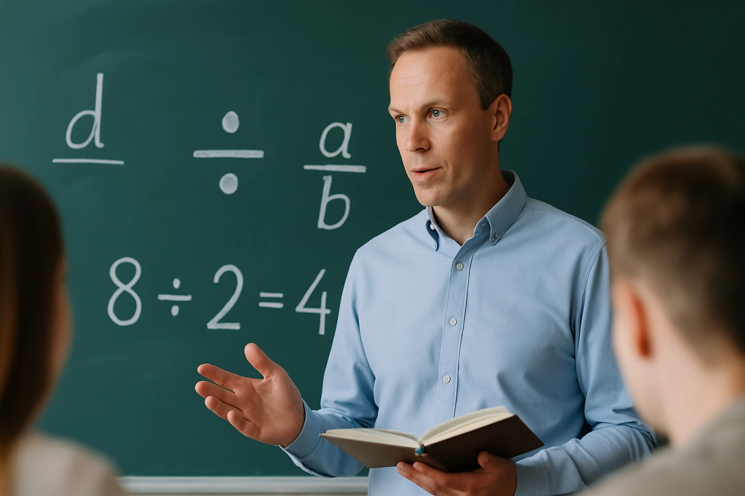 Egy tanár magyaráz matematikai feladatokat a táblánál, diákok figyelnek.