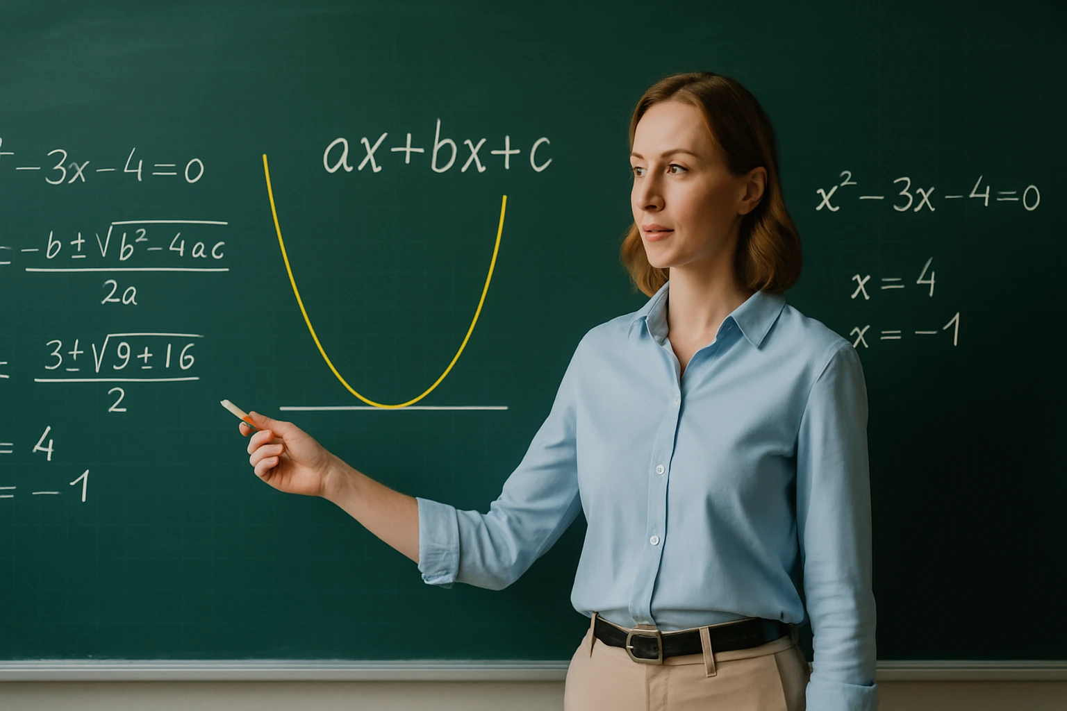 Egy tanárnő a táblánál, matematikai egyenleteket magyaráz.