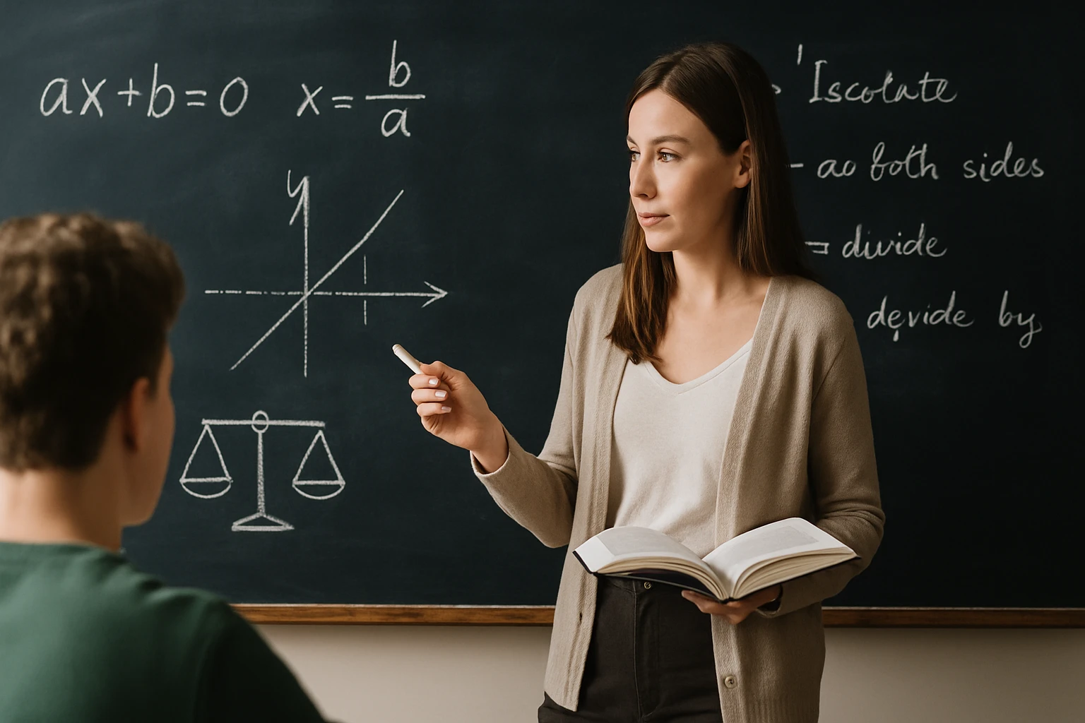 Egy tanárnő matematikai egyenleteket magyaráz a táblánál.