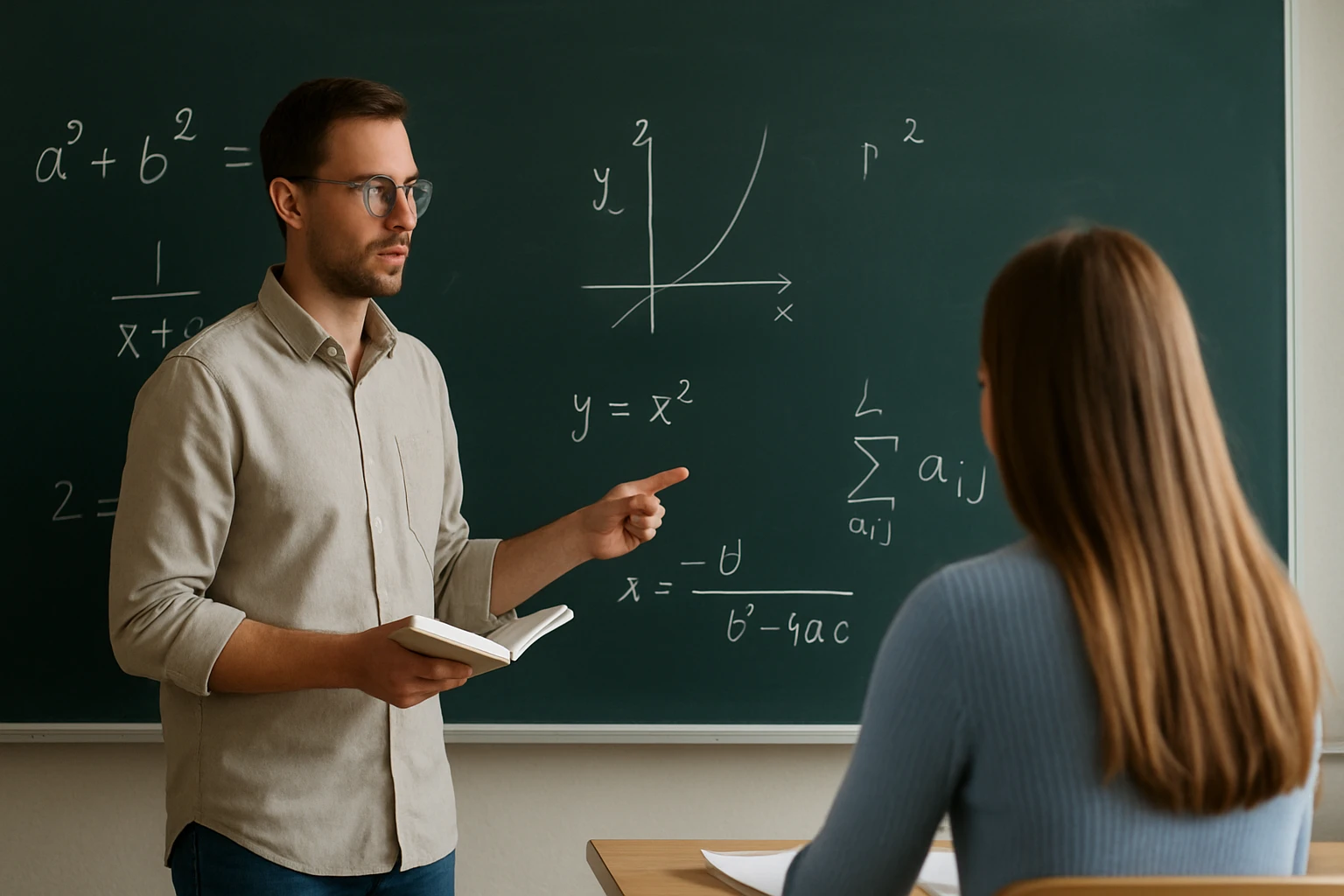 Egy tanár matematikai képleteket magyaráz a diákjának egy táblán.