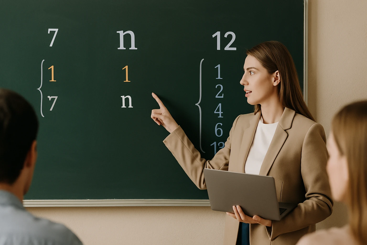 Egy tanárnő a táblánál matematikai egyenleteket magyaráz.