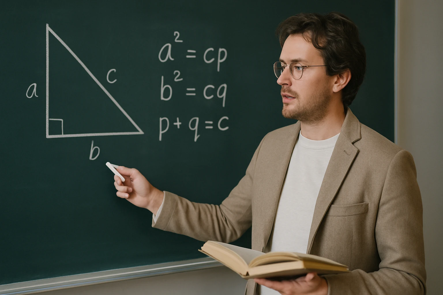 Egy tanár a táblánál, derékszögű háromszög és egyenletek magyarázata közben.