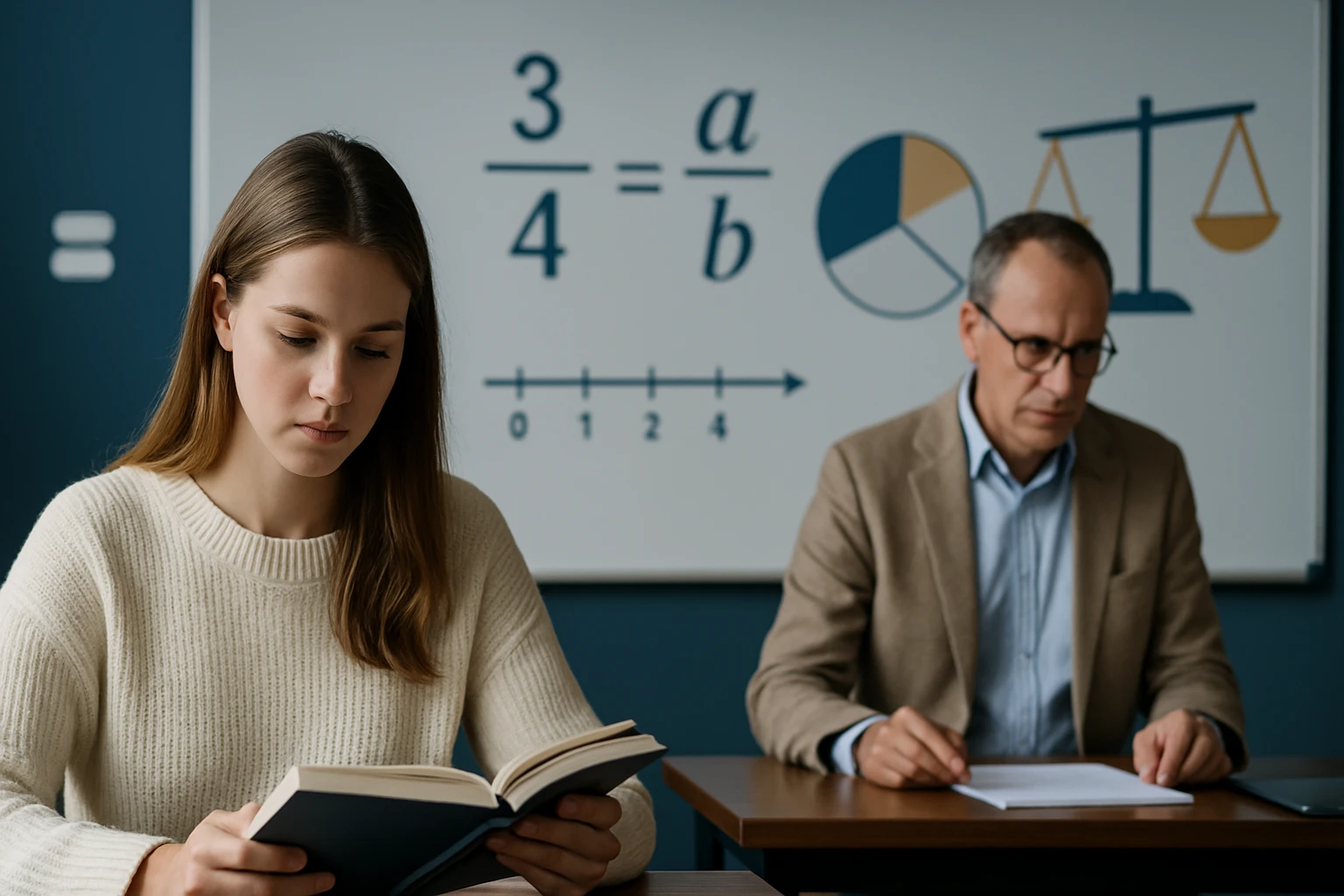 Egy diák könyvet olvas, miközben matematikai képletek láthatók a háttérben.