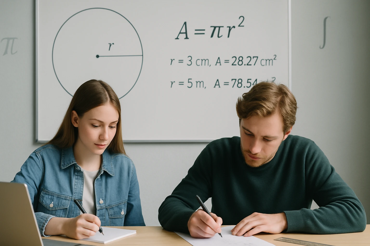 Két diák matematikai feladatokat old meg, háttérben kör terület képlete.