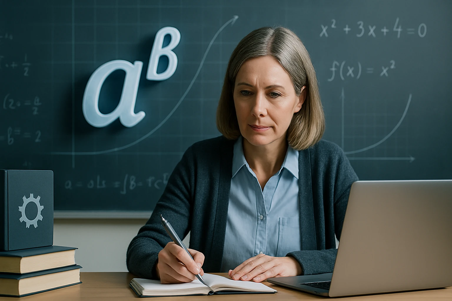 Egy nő matematikai képleteket ír egy jegyzetfüzetbe, háttérben táblával.