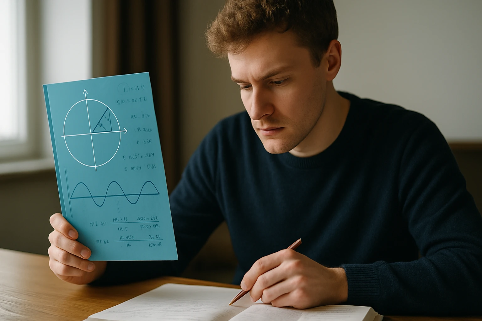 Egy fiatal férfi matematikai könyvet tart a kezében, miközben jegyzetel.