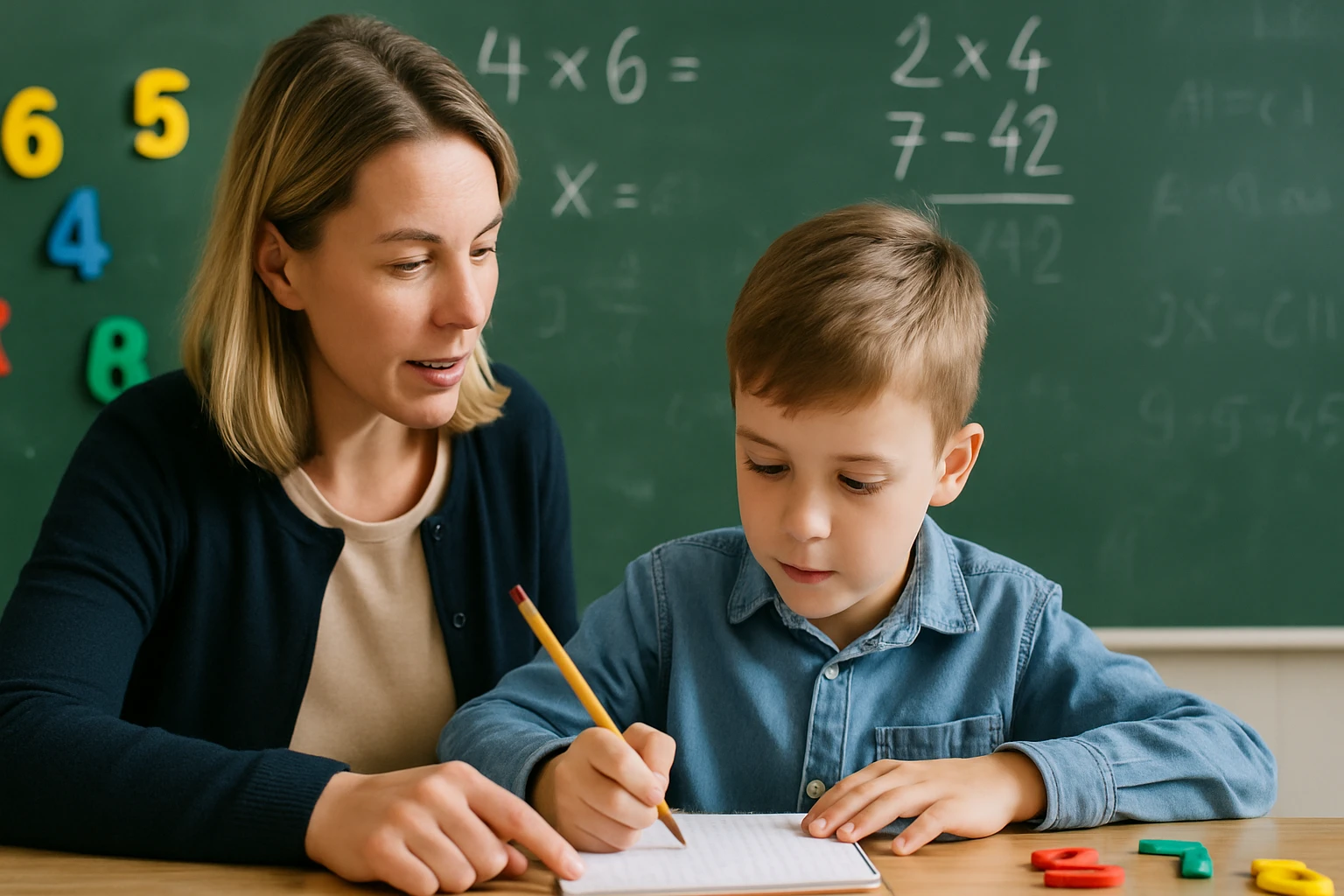 Egy tanár segít egy kisfiúnak matematikai feladatok megoldásában.