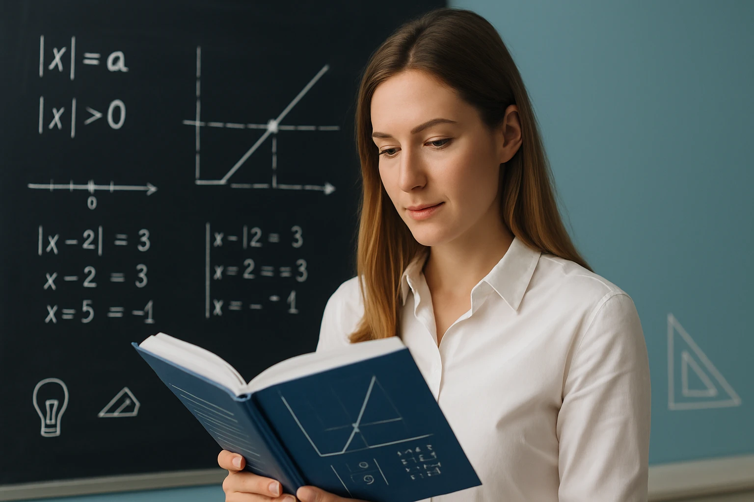 Egy fiatal nő matematikai könyvet olvas, háttérben matematikai egyenletek.