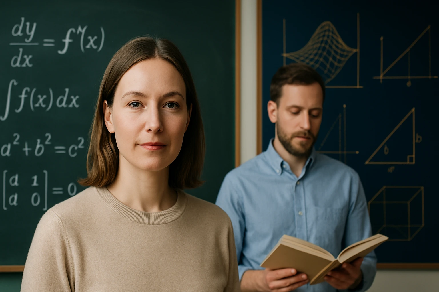 Egy nő néz a kamerába, mögötte matematikai képletek és grafikonok láthatók.