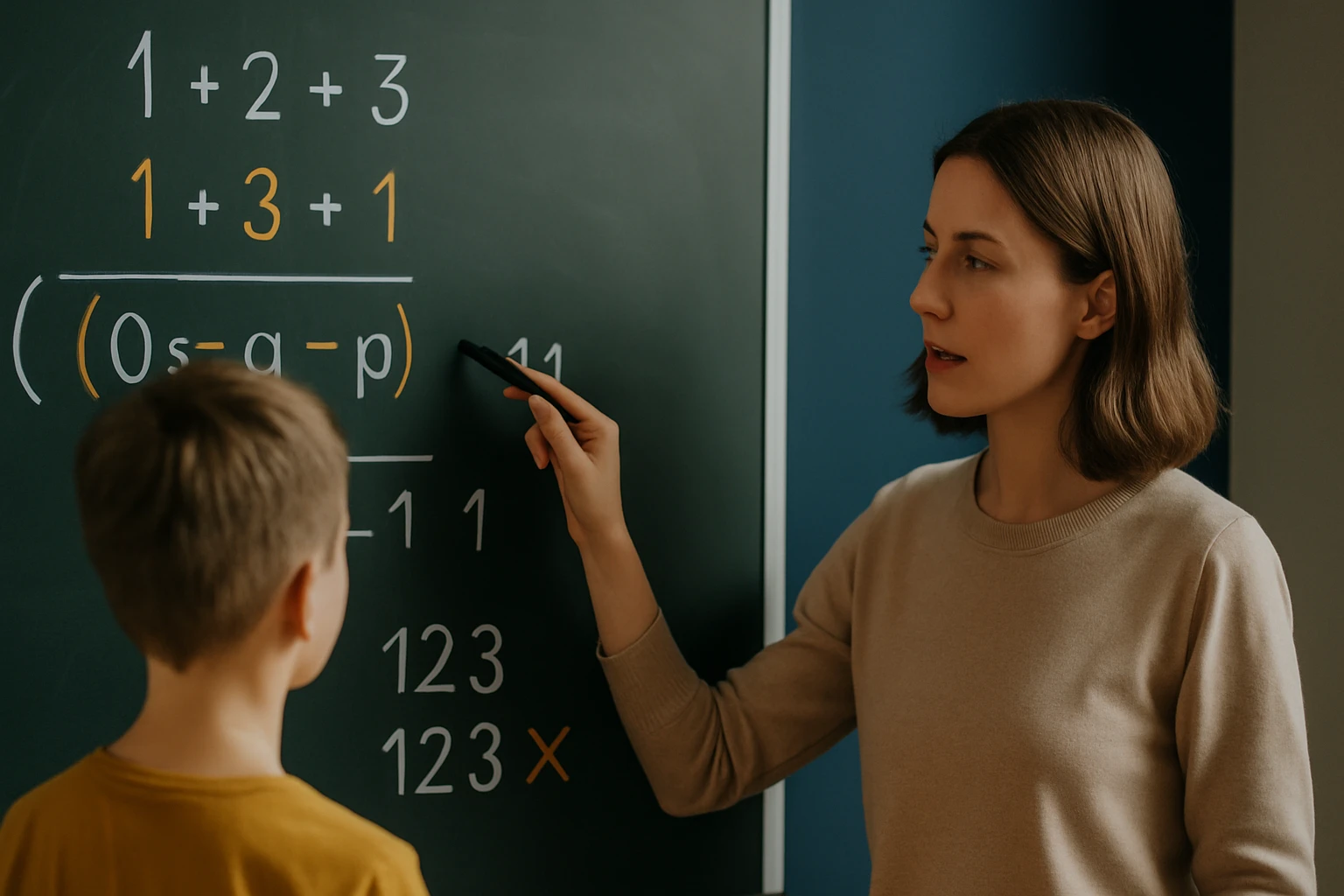 Egy tanár a táblán matematikai feladatokat magyaráz egy diáknak.