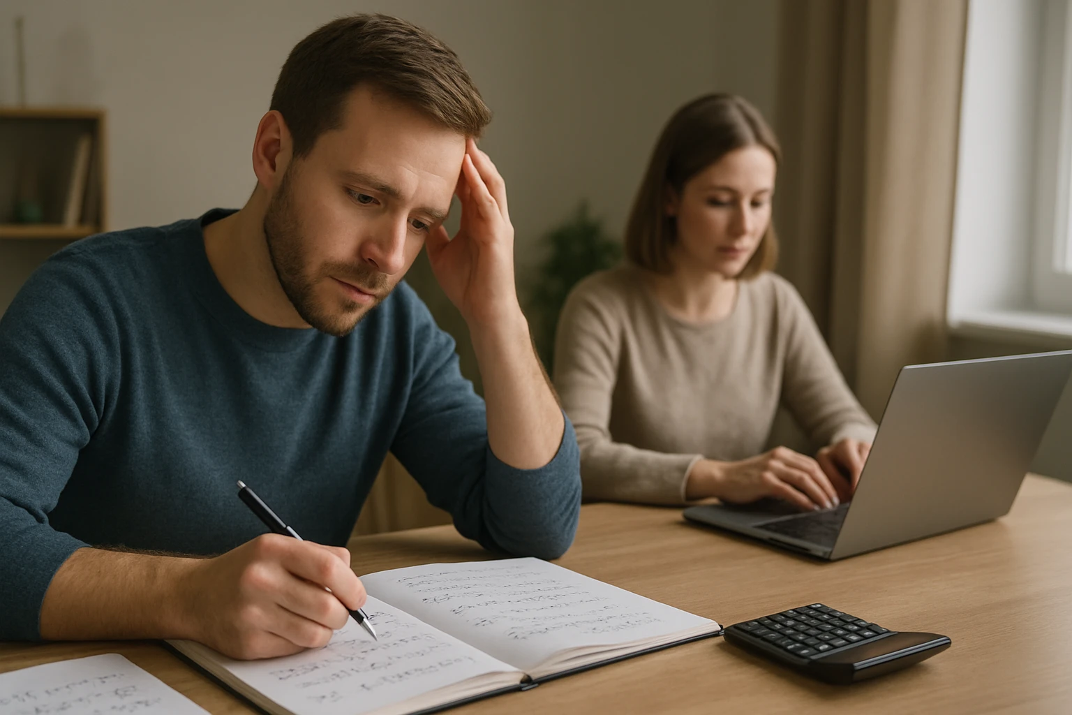 Egy férfi és egy nő tanulnak, a férfi a matekfeladatokkal küzd.