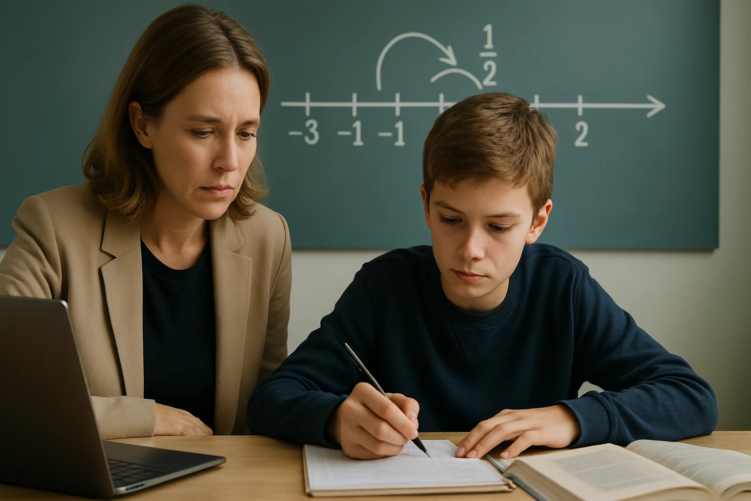 Egy fiú matematikai feladatot old meg, miközben egy felnőtt figyeli.