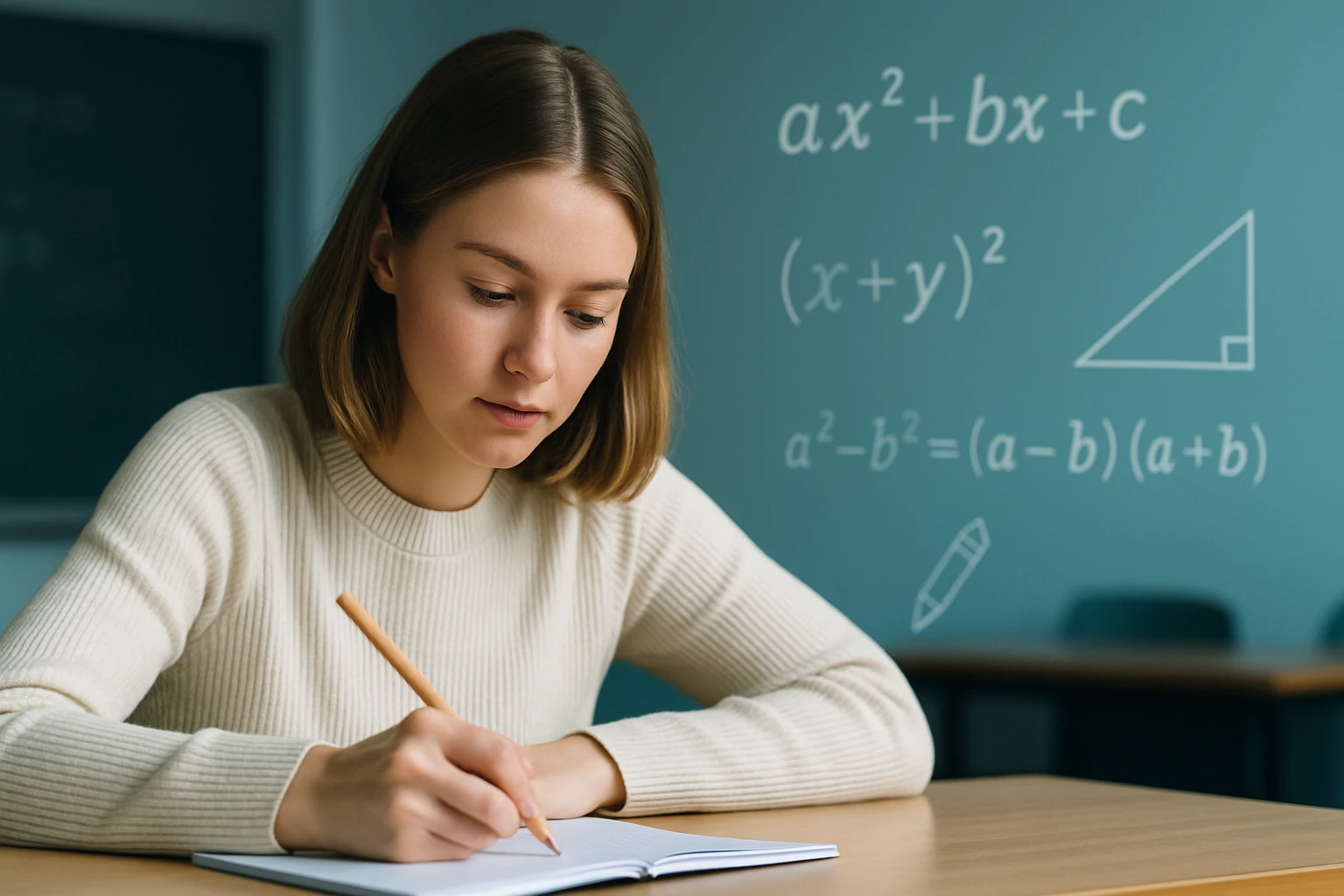 Egy fiatal nő matematikai egyenleteket ír egy füzetbe, háttérben képletek láthatók.