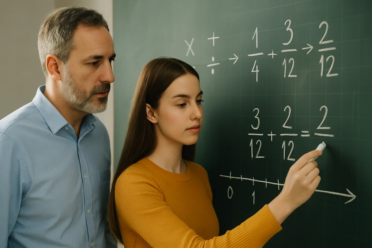 Egy fiatal nő matematikai egyenletet ír a táblára, miközben egy férfi figyeli.