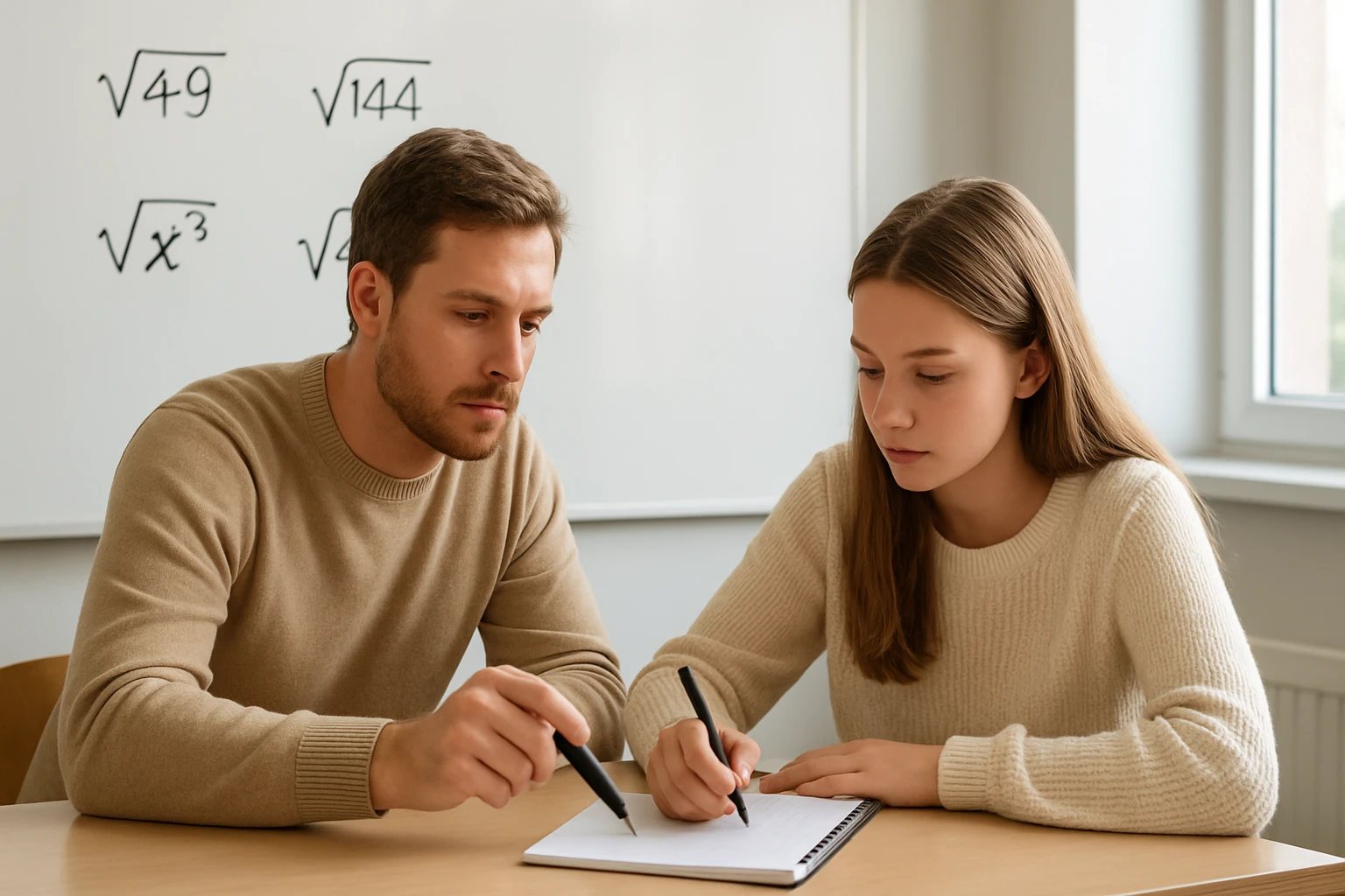 Egy fiatal lány és egy férfi közösen tanulnak matematikát, a táblán gyökjelölések láthatók.