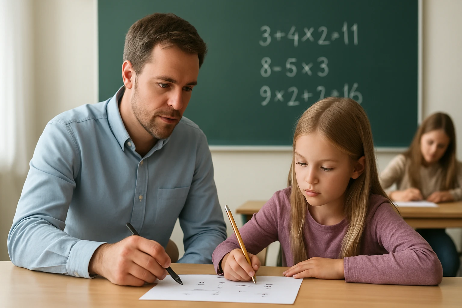 Egy tanár segít egy kislánynak matematikai feladatokat megoldani az osztályban.