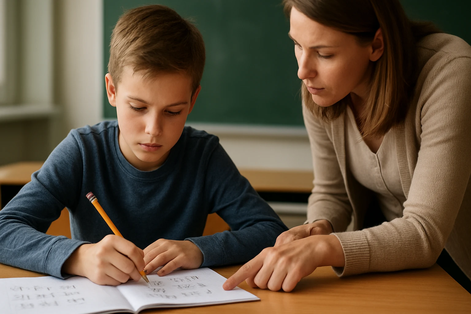 Egy fiú matematikai feladatot old meg, miközben egy felnőtt segít neki.