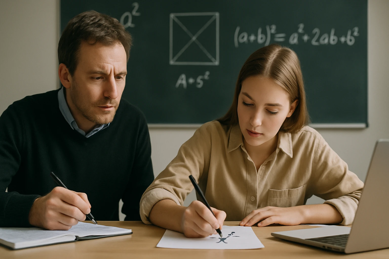 Egy diák és tanár matematikai feladatot oldanak meg közösen.