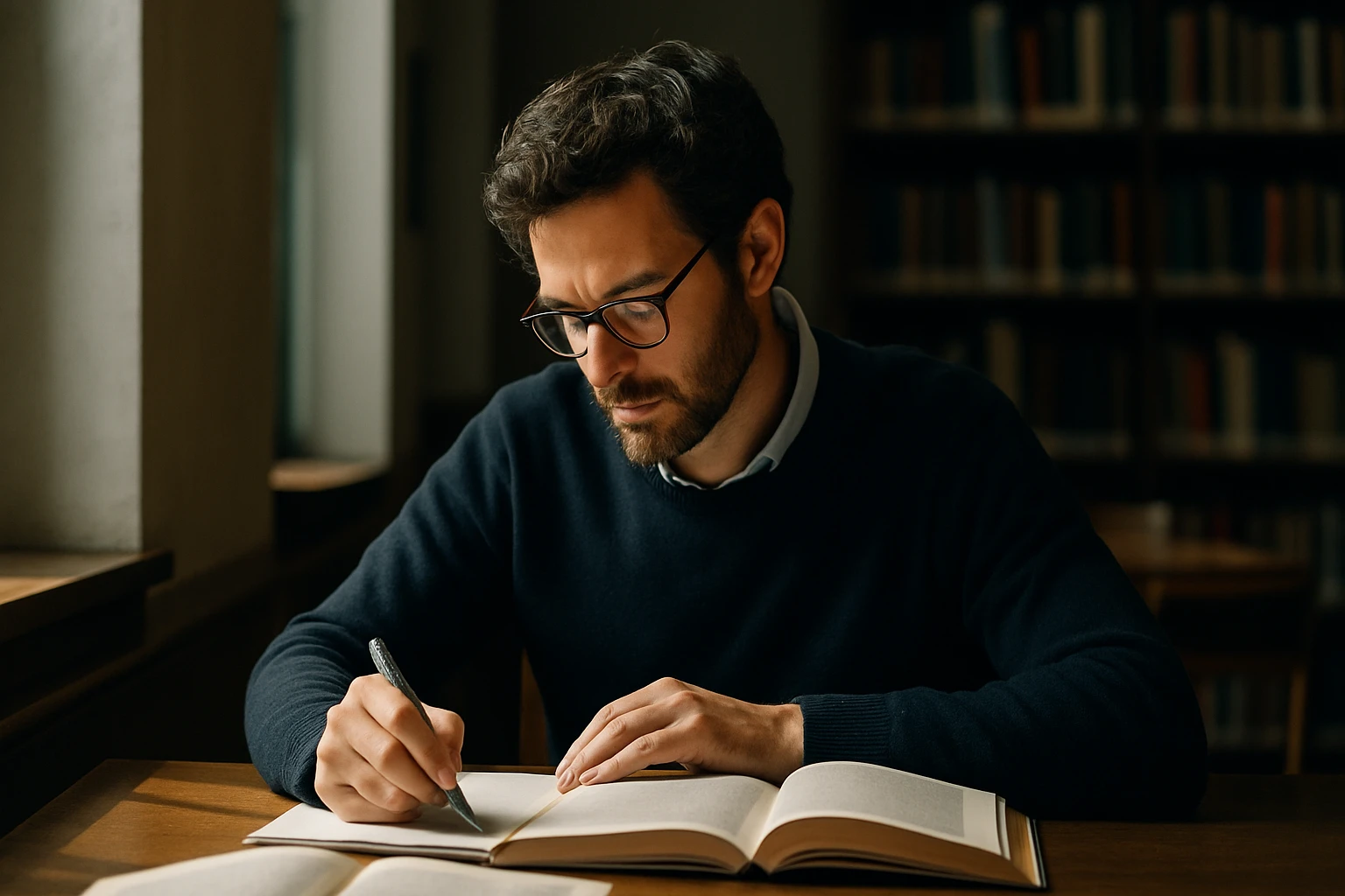 Egy fiatal férfi matematikai könyvet tanulmányoz, jegyzetel a könyvtárban.