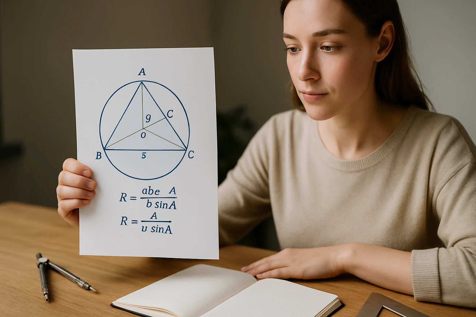 Egy fiatal nő egy matematikai ábrát tart a kezében, amely egy háromszöget és képleteket mutat.