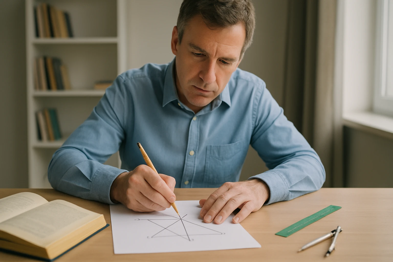 Egy férfi matematikai ábrát rajzol papírra, figyelmesen dolgozik.