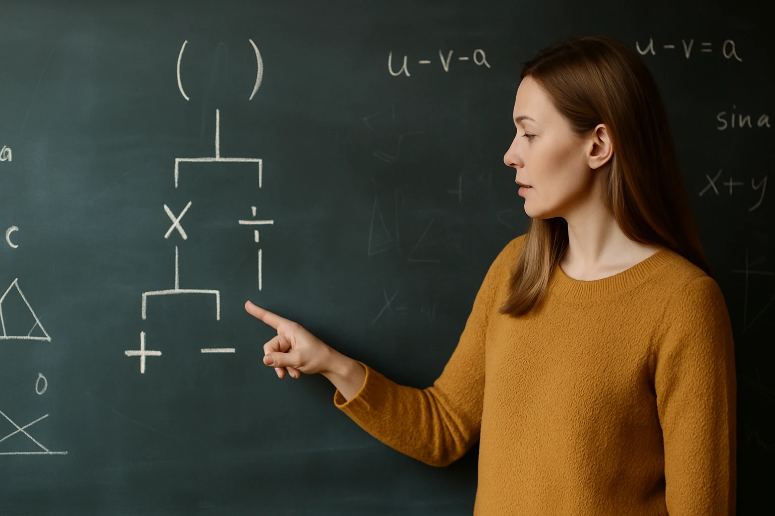 Egy nő mutat egy matematikai ábrát egy zöld táblán, miközben magyaráz.