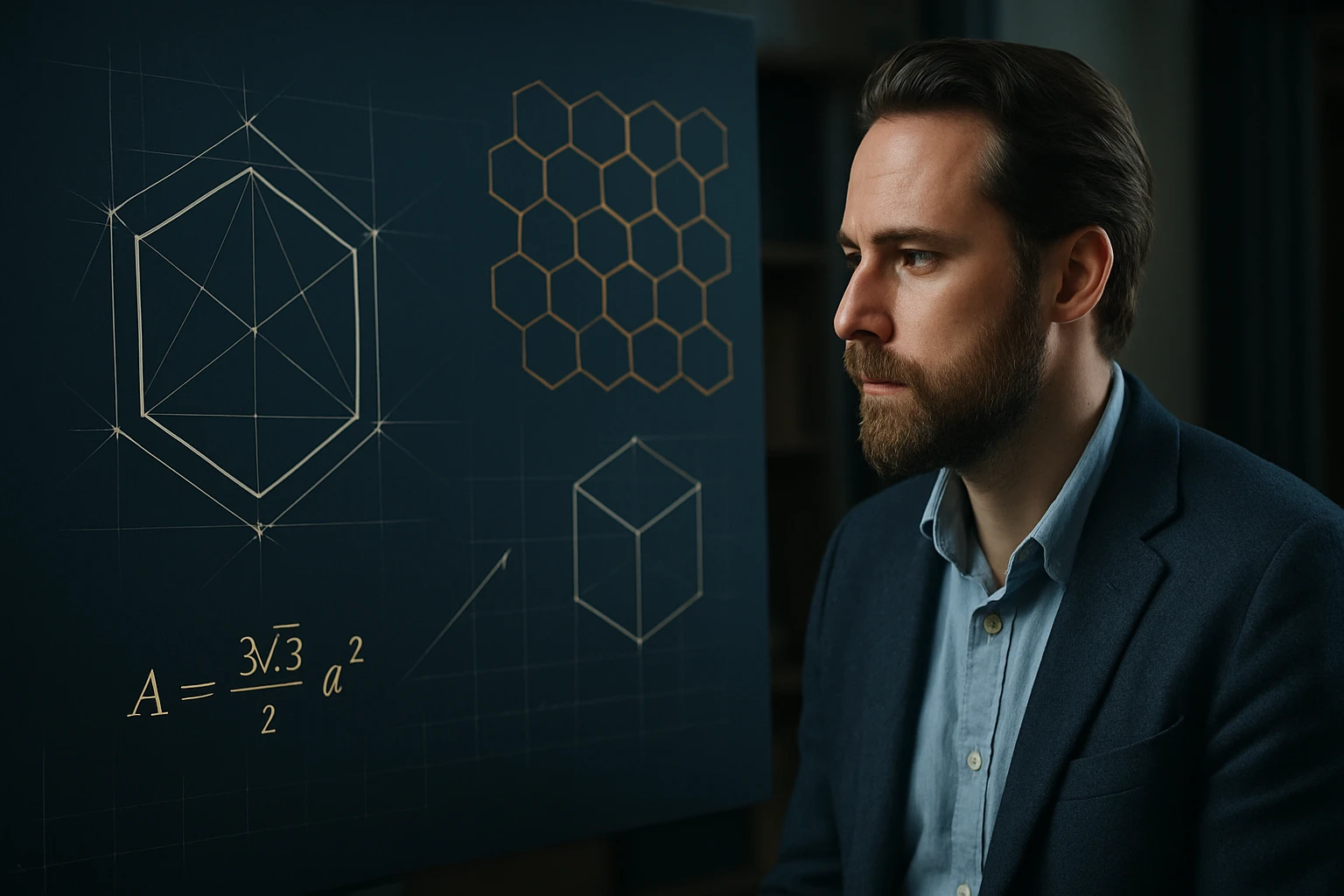 Egy férfi matematikai diagramokat néz, hexagon és kocka ábrázolással.
