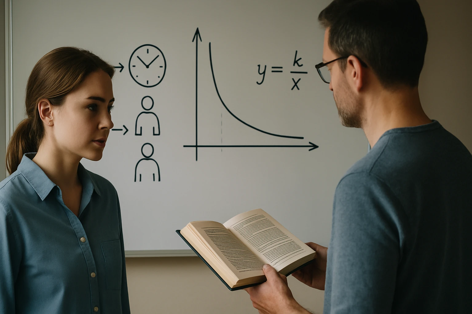 Egy férfi és egy nő beszélget a matematikai grafikon előtt, amely az arányosságot mutatja.